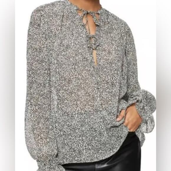 Anine Bing Abigail Printed Silk long sleeve split neck semi sheer abstract top - Picture 1 of 9